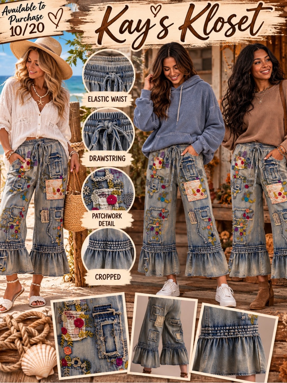 BW19–(ETA 10/20) 🟪🟨🟧🟦🟩 Women's Cropped Patchwork Ruffle Hem Jeans
